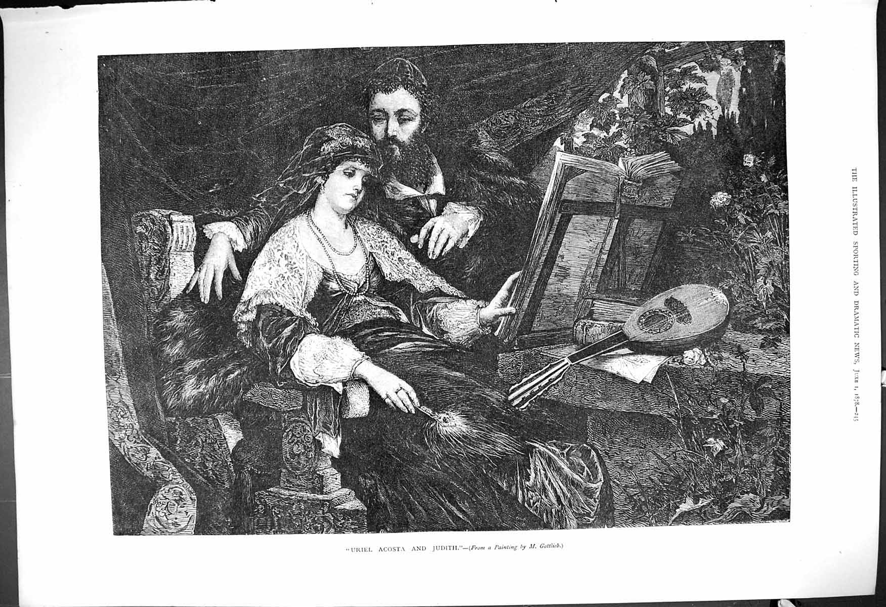 Old Antique Print 1878 Uriel Acosta Judith Romance Man Woman Music Book 19th