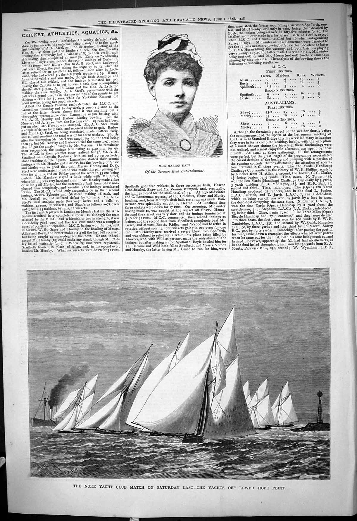 Old Print 1878 Portrait Miss Marion Dale Nore Yacht Club Lower Hope Point 19th