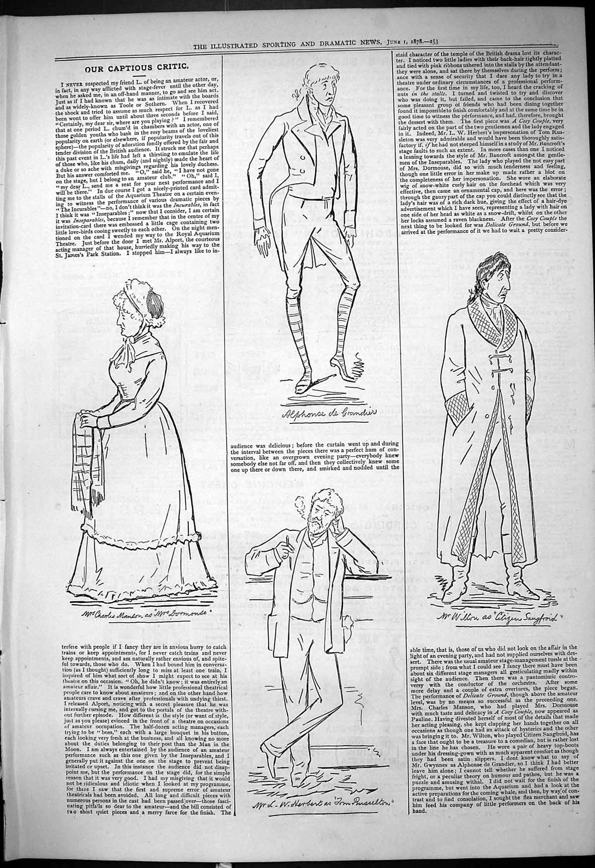 Antique Old Print 1878 Theatre Captious Critic Alphonse Wilton Herbert Manson