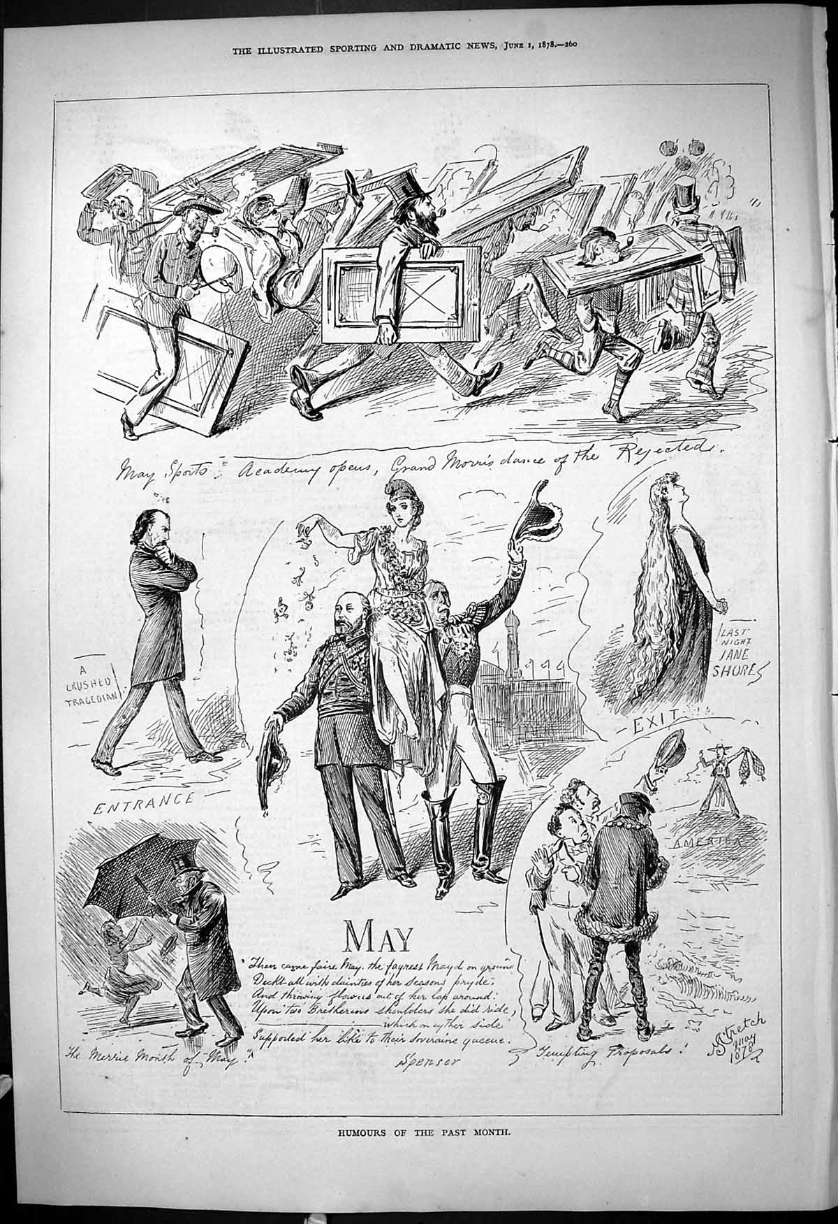 Antique Old Print 1878 Humours Month May Sports Windy Weather Umbrella Art 19th