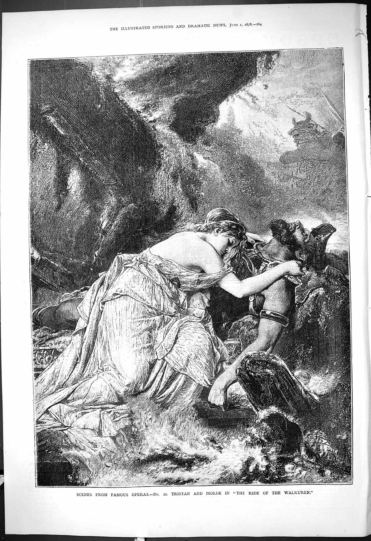 Antique Old Print 1878 Scene Famous Opera Tristan Ise Ride Walkuren Theatre