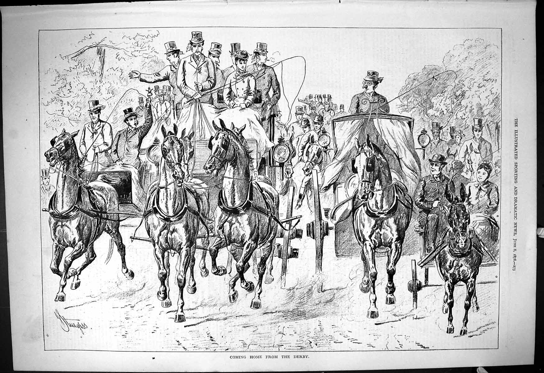 Old Antique Print 1878 Horses Coach Transport Derby Race Sport Spectators 19th