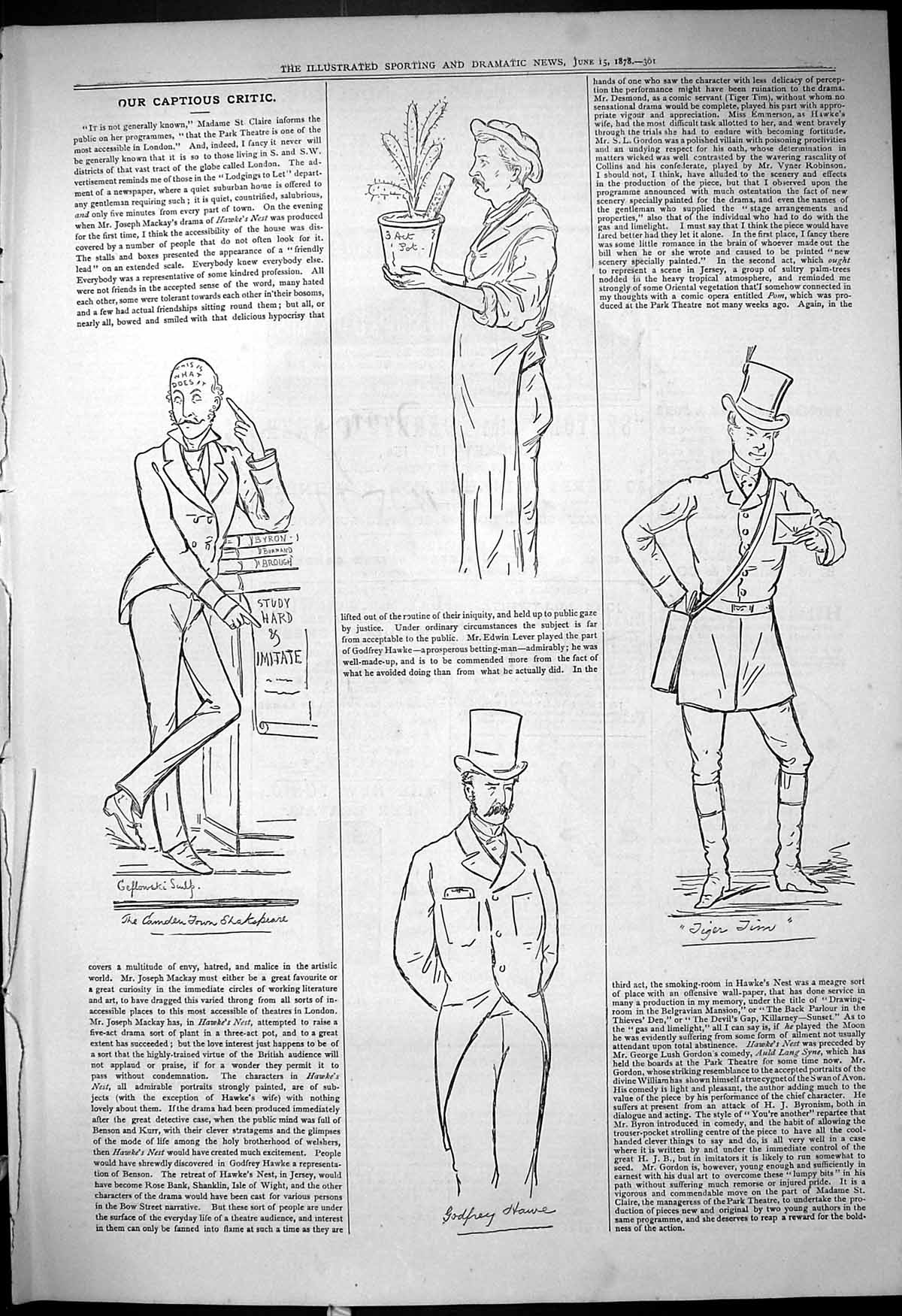 Antique Old Print 1878 Captious Critic Park Theatre Godfrey Harve Tiger Tim