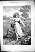 Antique Old Print 1878 Beautiful Woman Summer Days Flowers Vegetable Field 19th