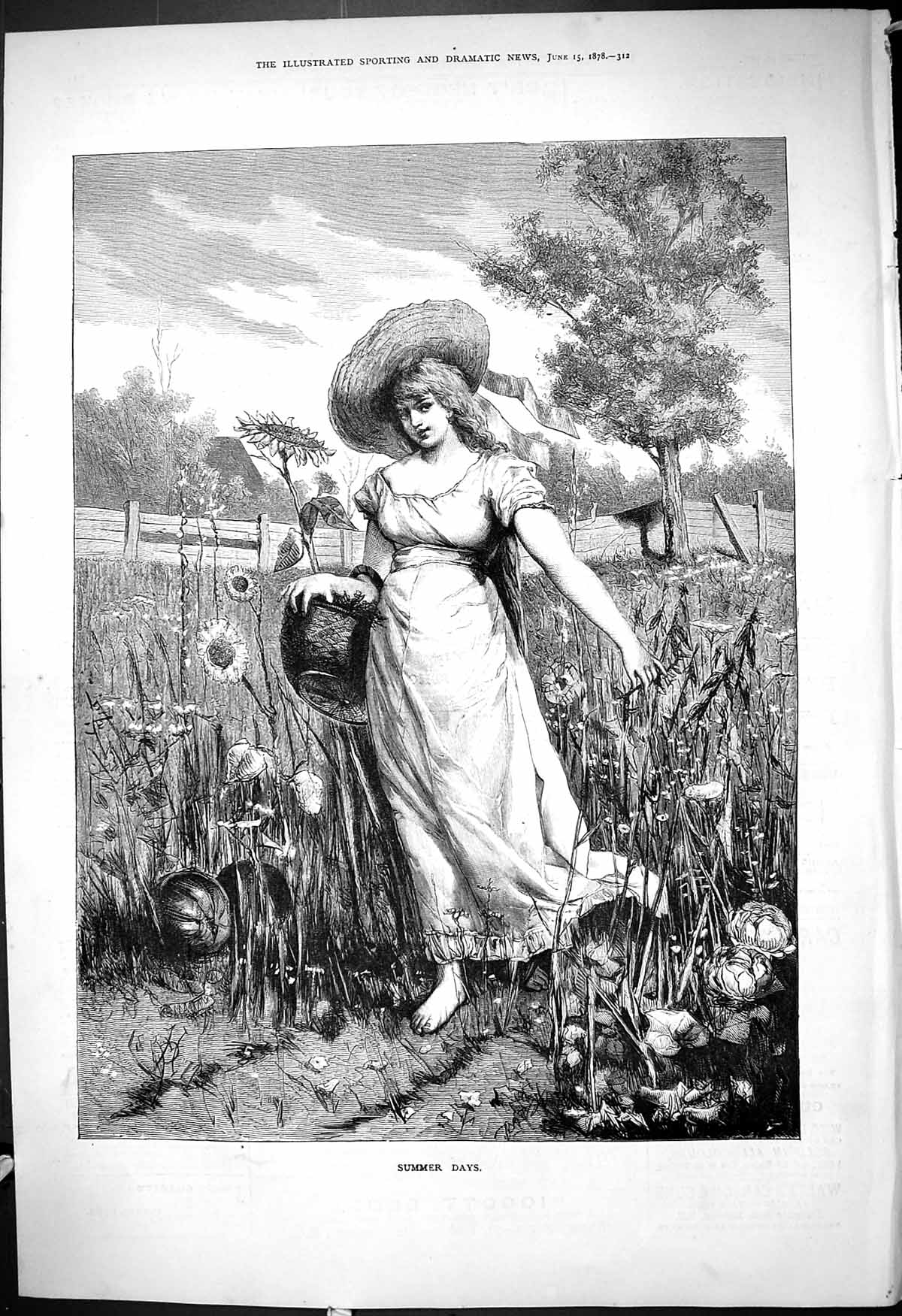 Antique Old Print 1878 Beautiful Woman Summer Days Flowers Vegetable Field 19th