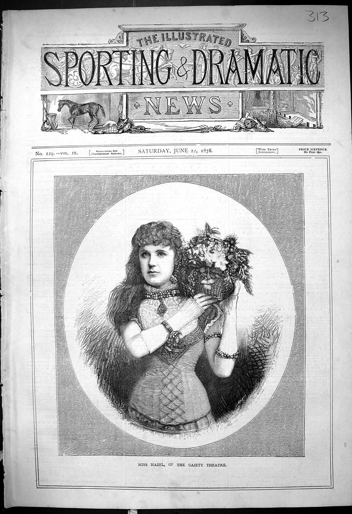 Old Antique Print 1878 Portrait Miss Hazel Gaiety Theatre Beautiful Woman 19th
