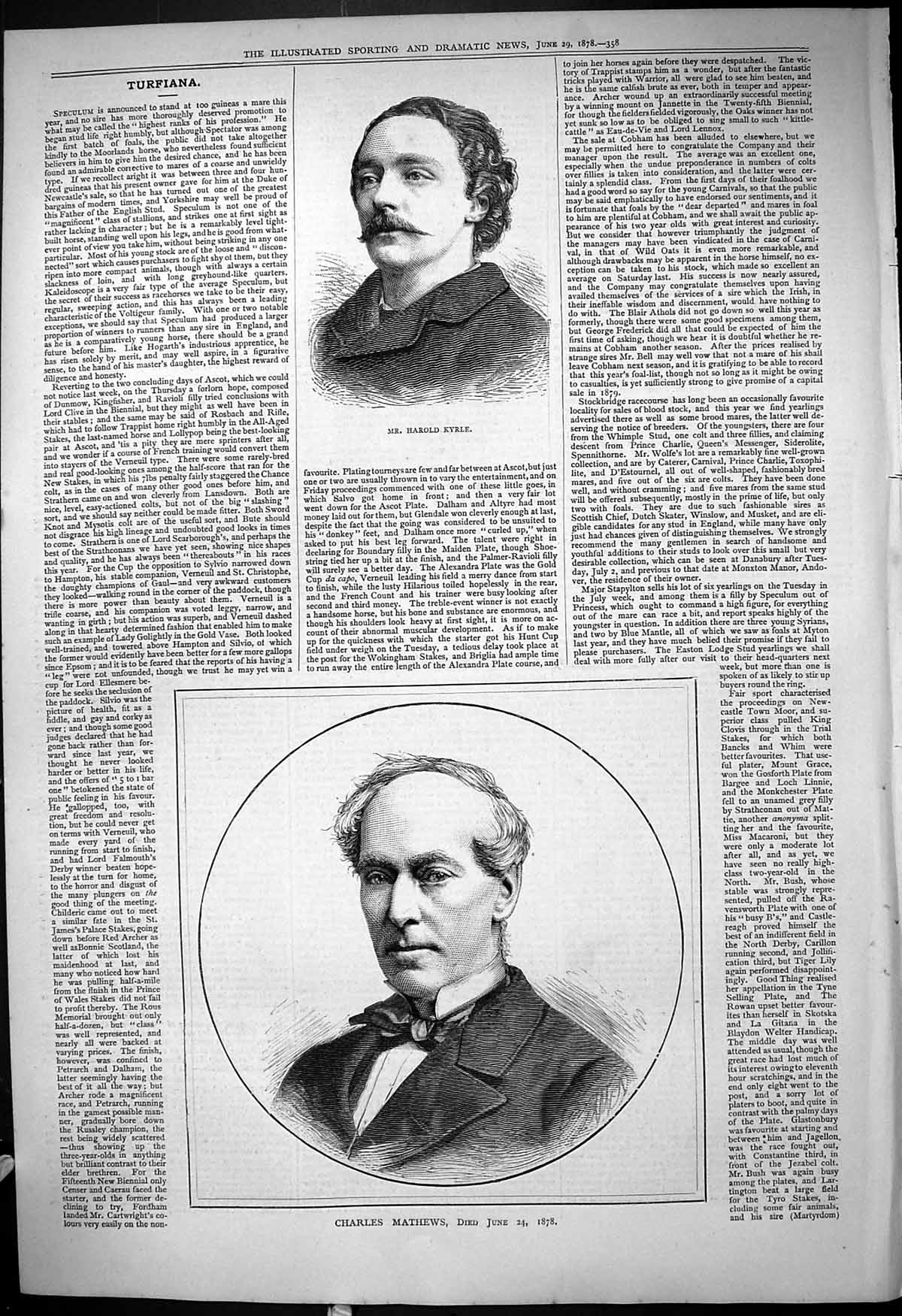 Original Old Antique Print 1878 Portrait Mr HarKyrle Charles Mathews Victorian