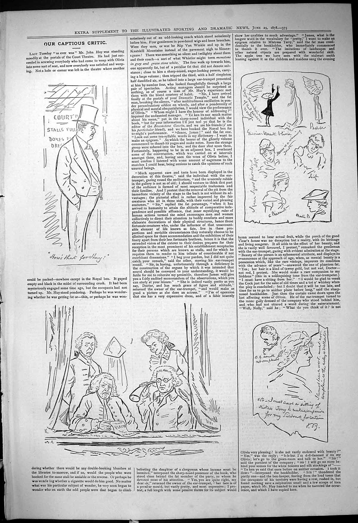 Antique Old Print 1878 Theatre Captious Critic Court Olivia Spectators Box 19th