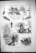 Antique Old Print 1878 Denham Fishery Trout Otter Hounds Dogs Fishing Nets 19th