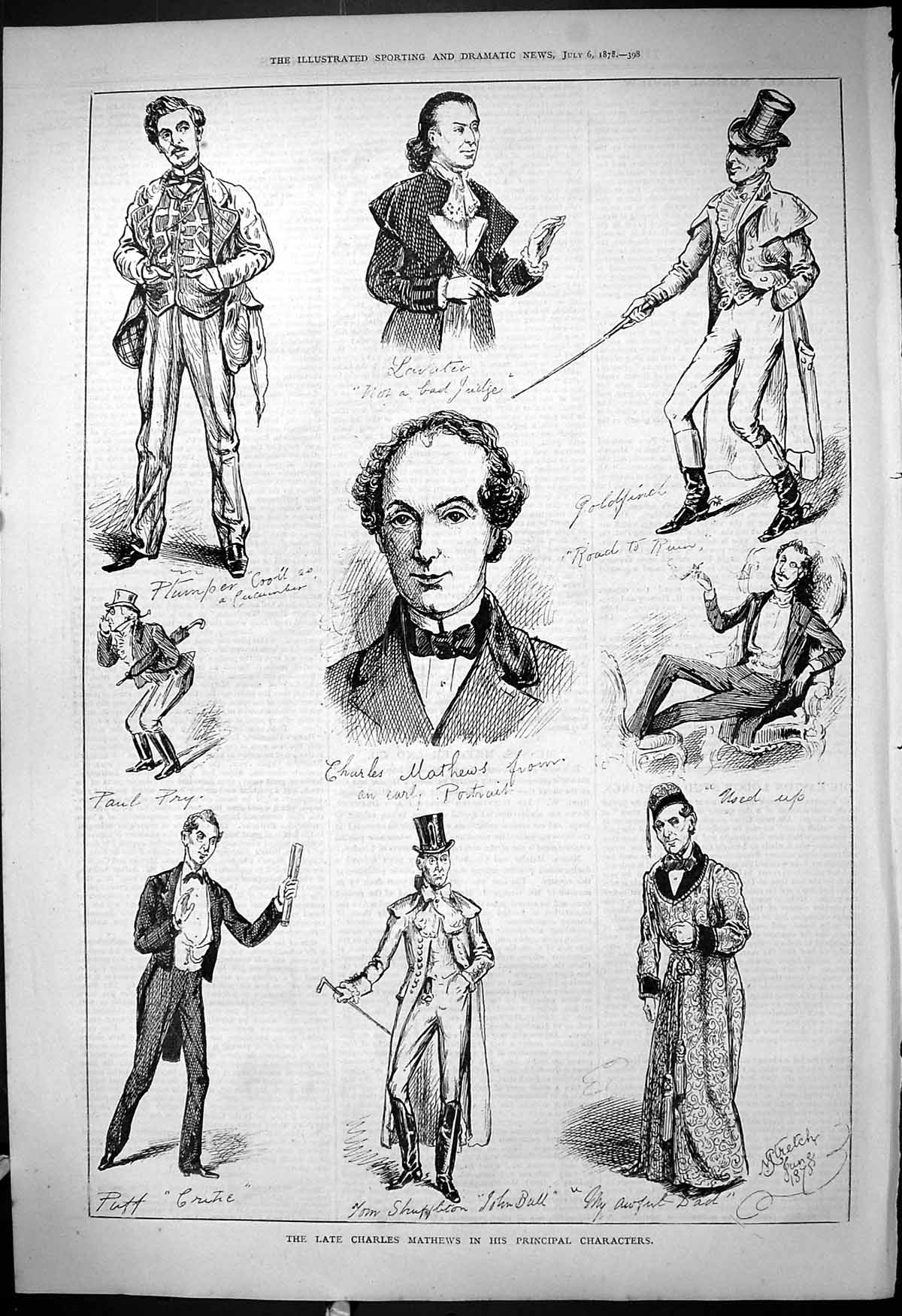Old Antique Print 1878 Charles Mathews Theatre Principal Characters Actor 19th