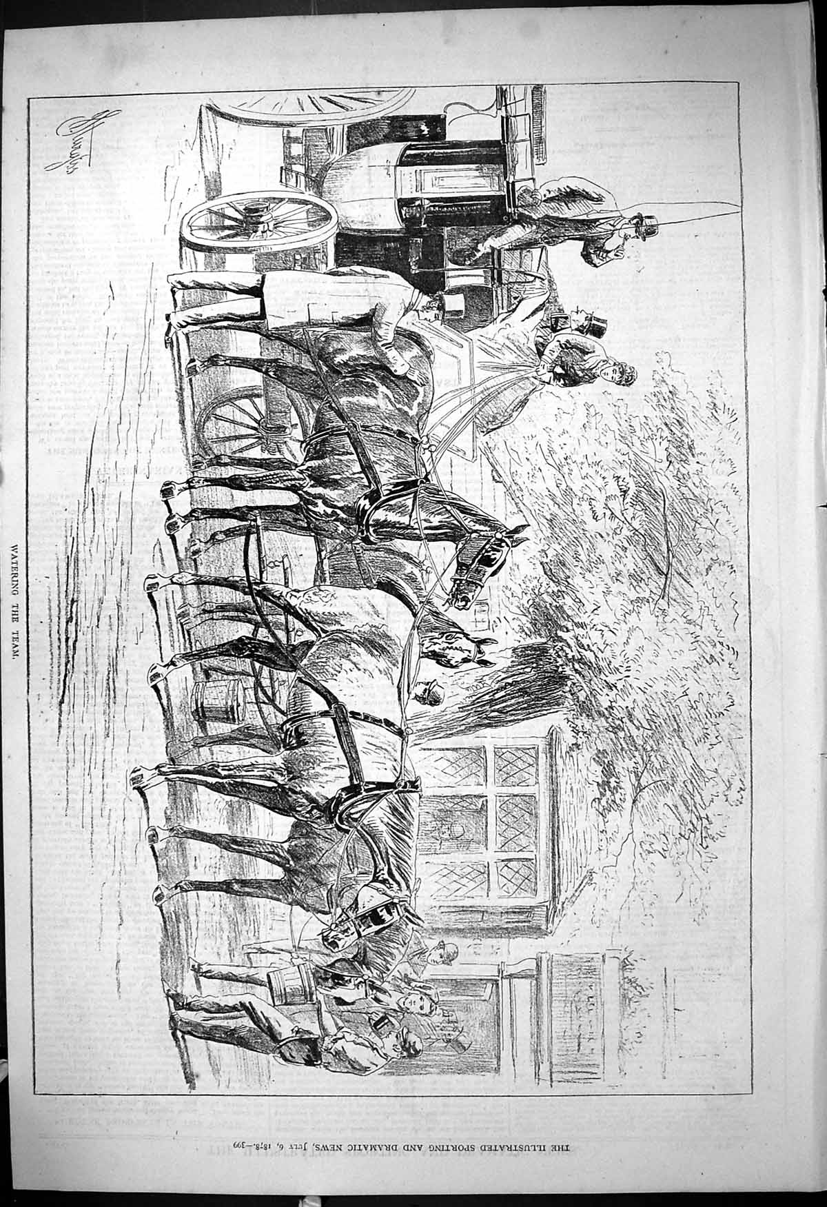 Original Old Antique Print 1878 Watering The Team Horses Coach Transport 19th