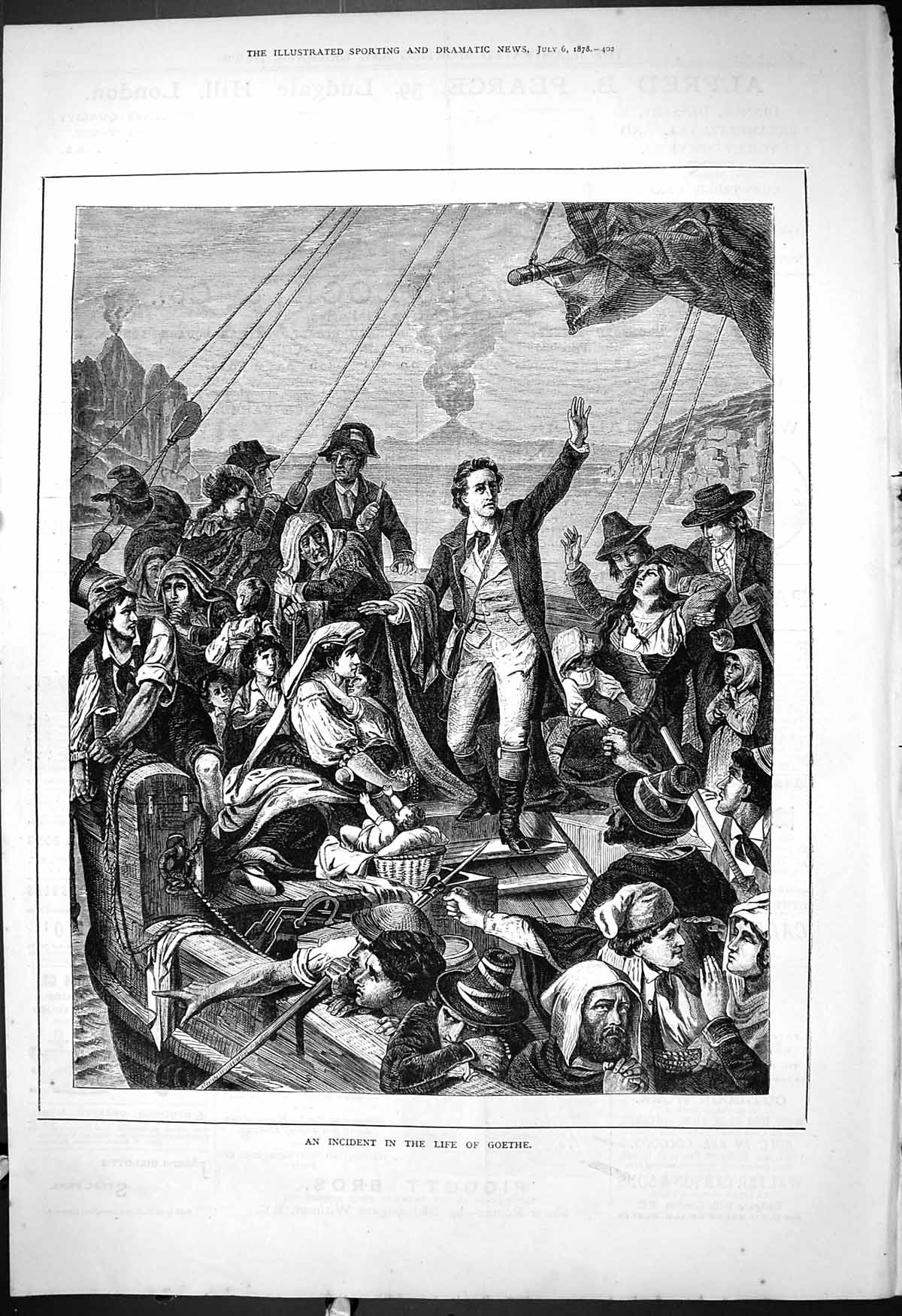 Original Old Antique Print 1878 Ship Scene Incident Life Goethe 19th