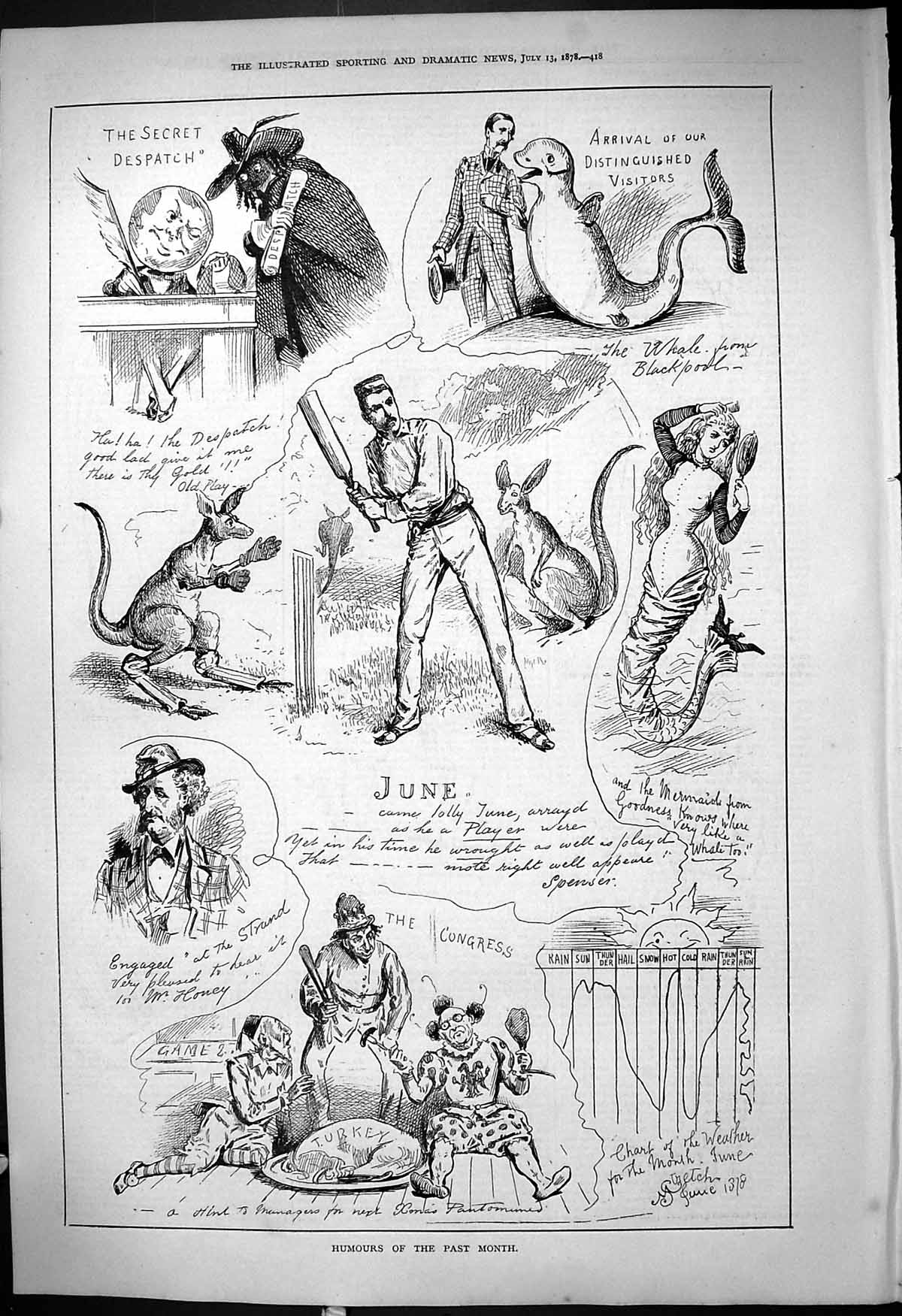 Antique Old Print Humours Past Month Cricket Zoo Animals Strand Theatre 1878