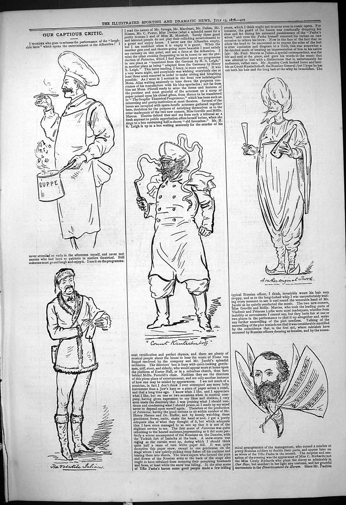 Old Antique Print 1878 Theatre Captious Critic Alhambra Laughable Farce 19th