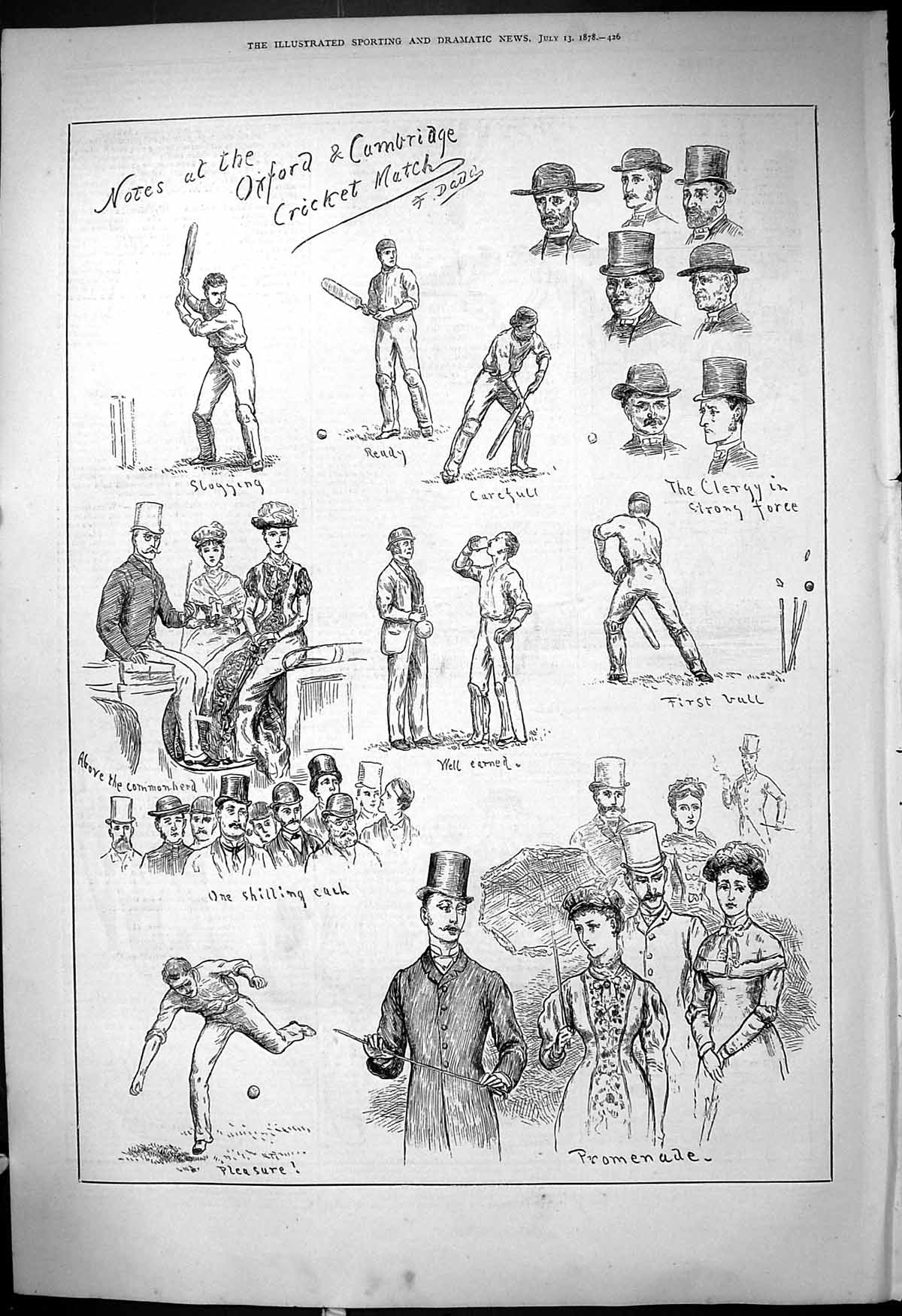 Original Old Antique Print Cricket Oxford Cambridge University Sport 1878 19th