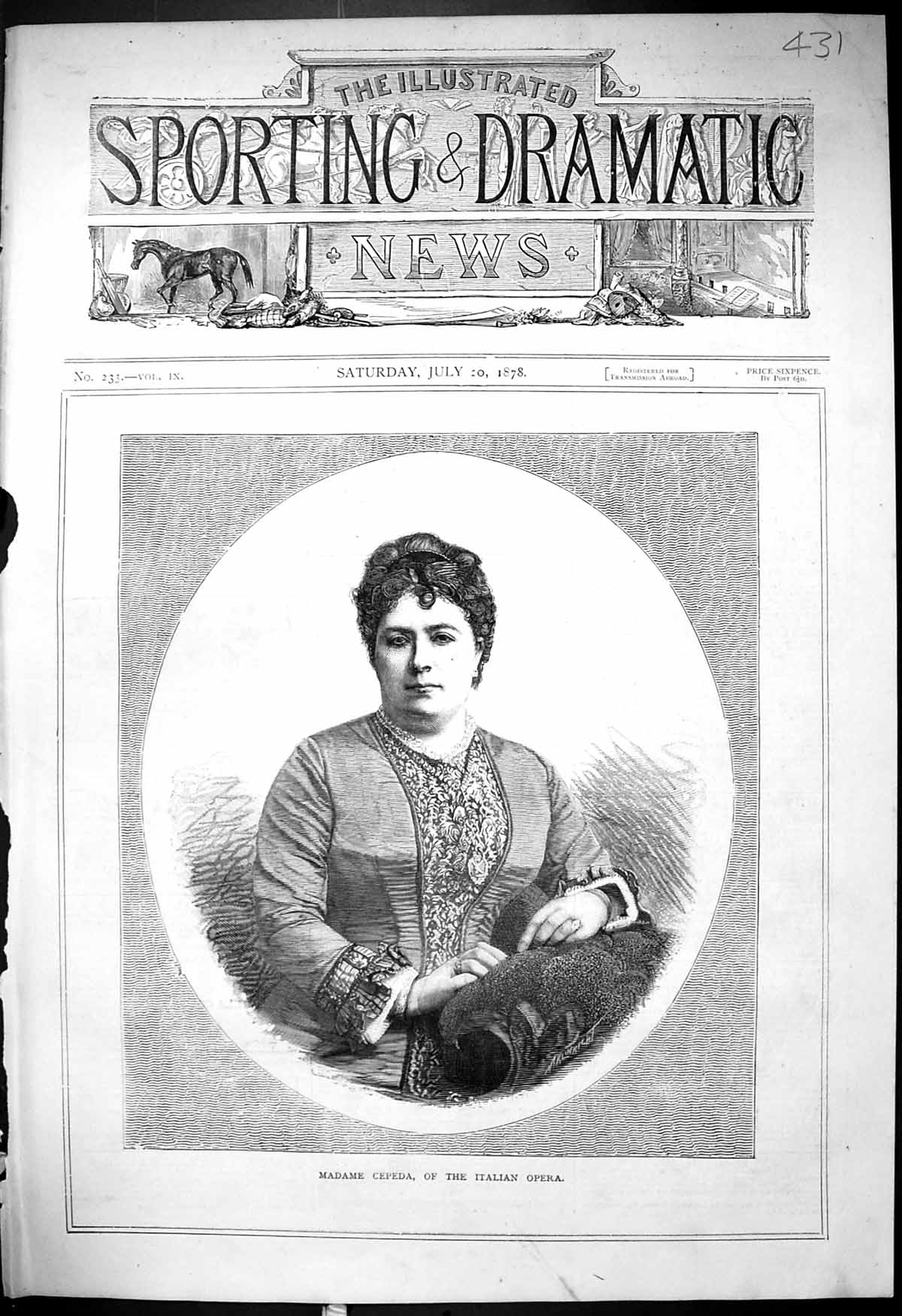 Antique Old Print 1878 Portrait Madame Cepeda Italian Opera Beautiful Woman