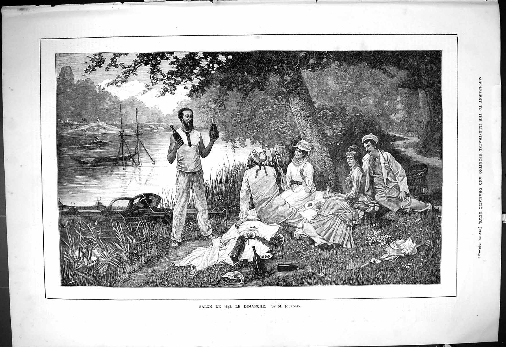 Antique Old Print 1878 Salon De Le Dimanche Family Picnic Jourdain River Boat