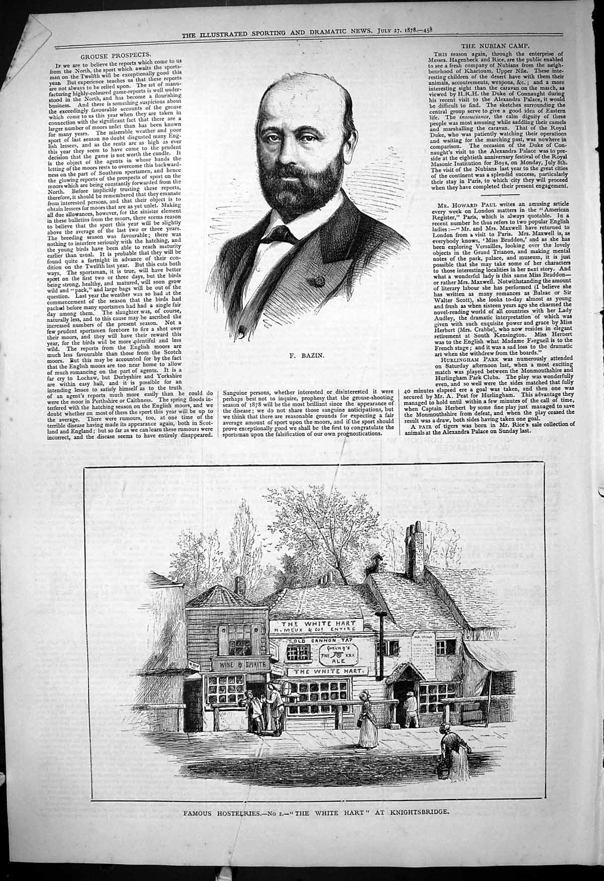 Old Print 1878 Portrait Bazin Famous Hostelries White Hart Knightsbridge 19th