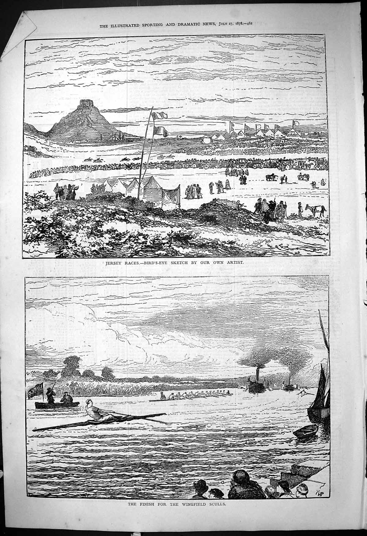 Antique Old Print 1878 Jersey Horse Races Rowing Finish Line Wingfield Sculls