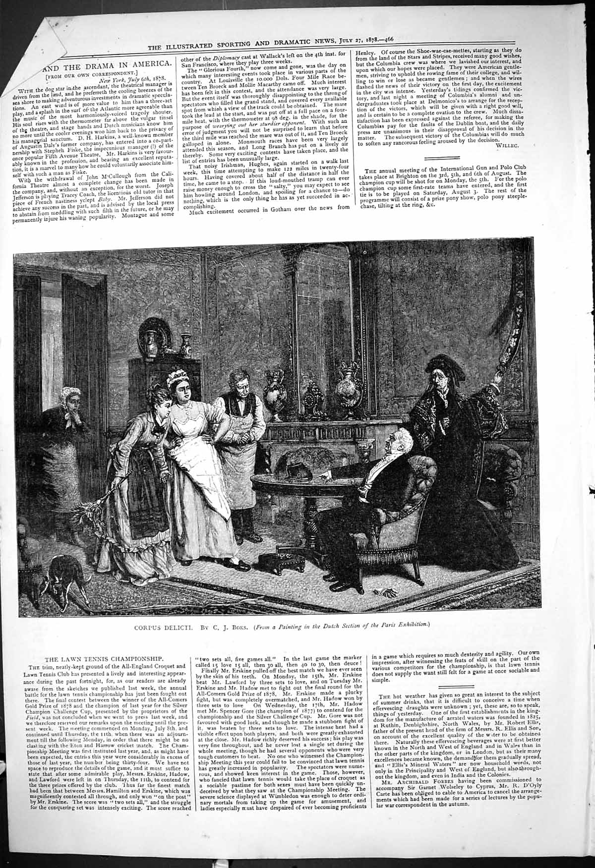 Original Old Antique Print 1878 Corpus Declicii Man House Scene Servants 19th