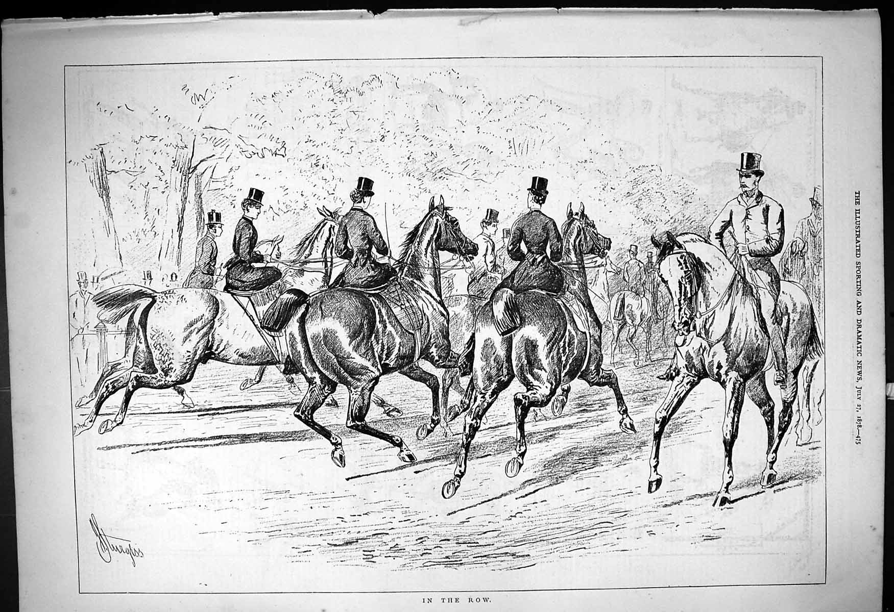Original Old Antique Print 1878 In The Row Horses Hunting Huntsmen Sport 19th