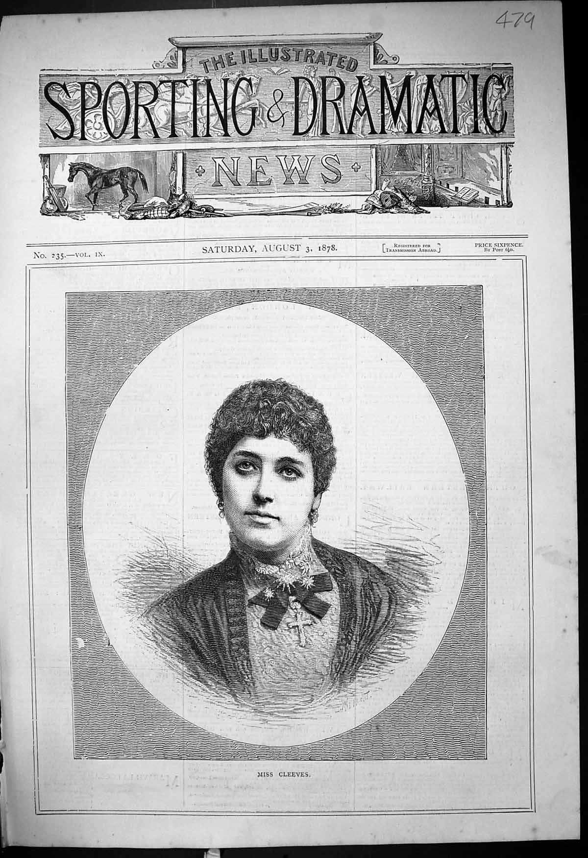 Original Old Antique Print 1878 Portrait Beautiful Woman Miss Cleeves Victorian