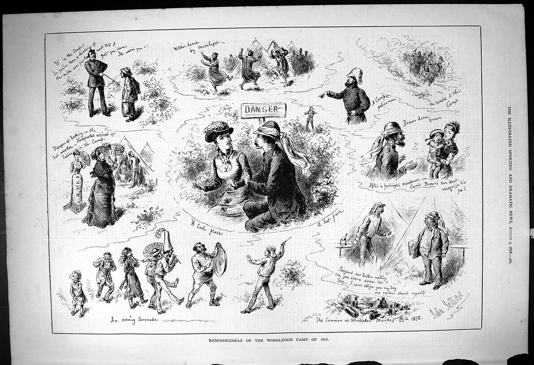 Original Old Antique Print 1878 Wimbledon Camp Rifle Shooting Sport Romance