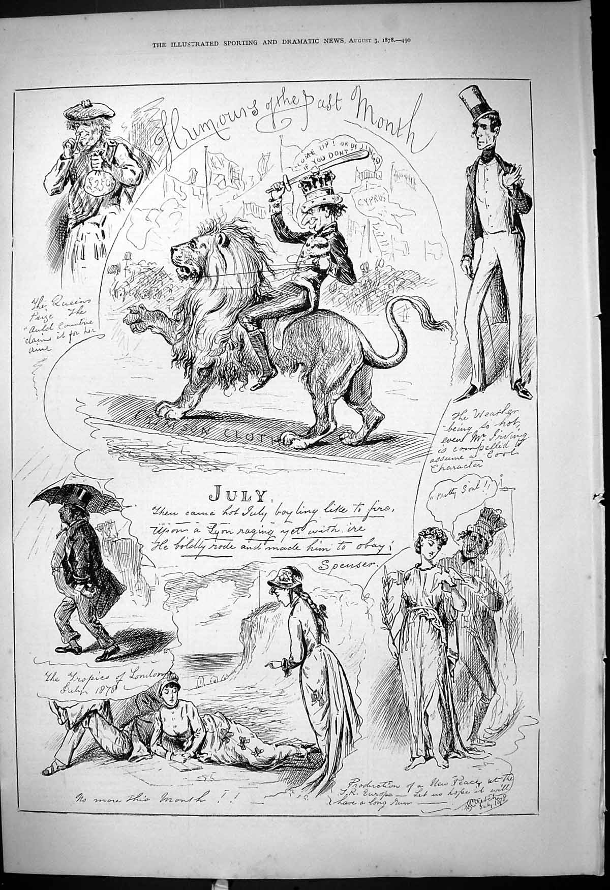 Old Print 1878 Humours Past Month Crimson Cloth Lion Beach Scene Romance 19th