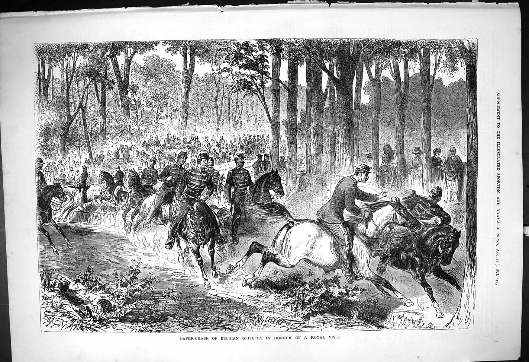 Antique Old Print Paper-Chase Belgian Officers Honour Royal Visit Horses 1878