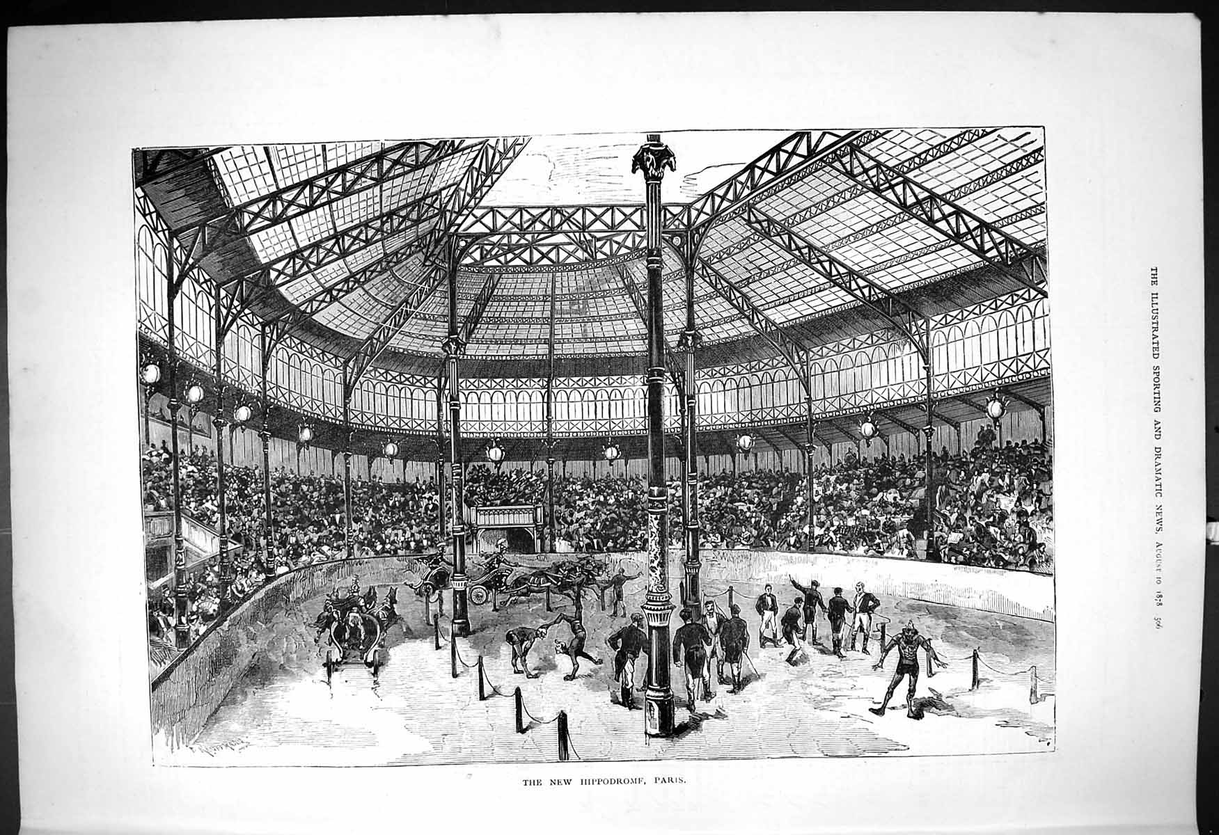 Old Print 1878 Interior New Hippodrome Paris France Horses Entertainment 19th