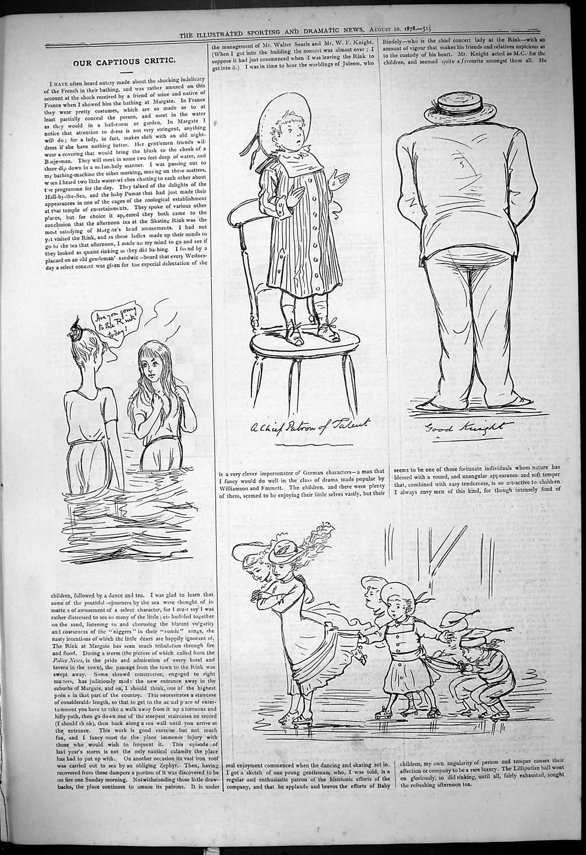 Old Antique Print 1878 Theatre Captious Critic Good Knight Roller Skating 19th