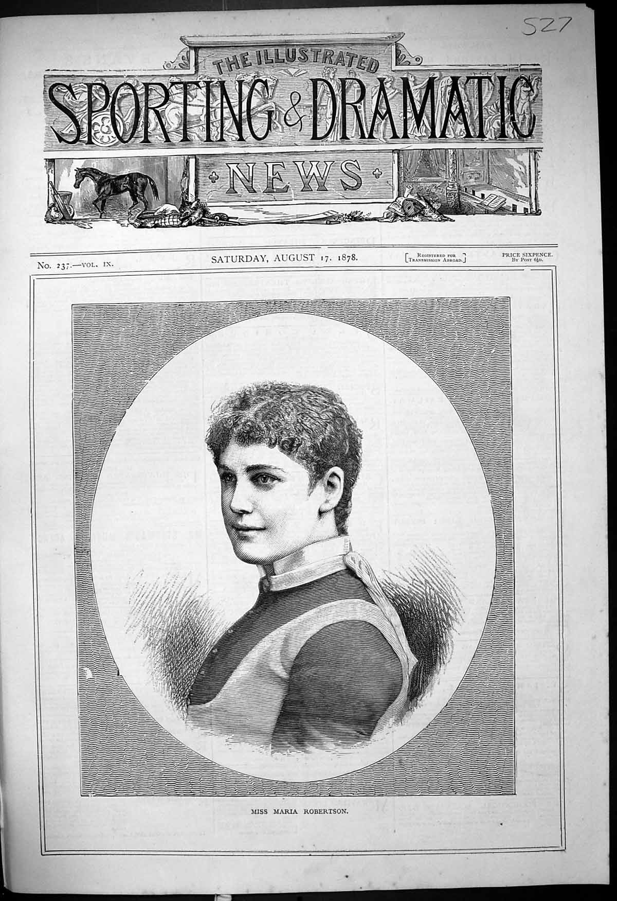 Original Old Antique Print 1878 Portrait Beautiful Woman Miss Maria Robertson