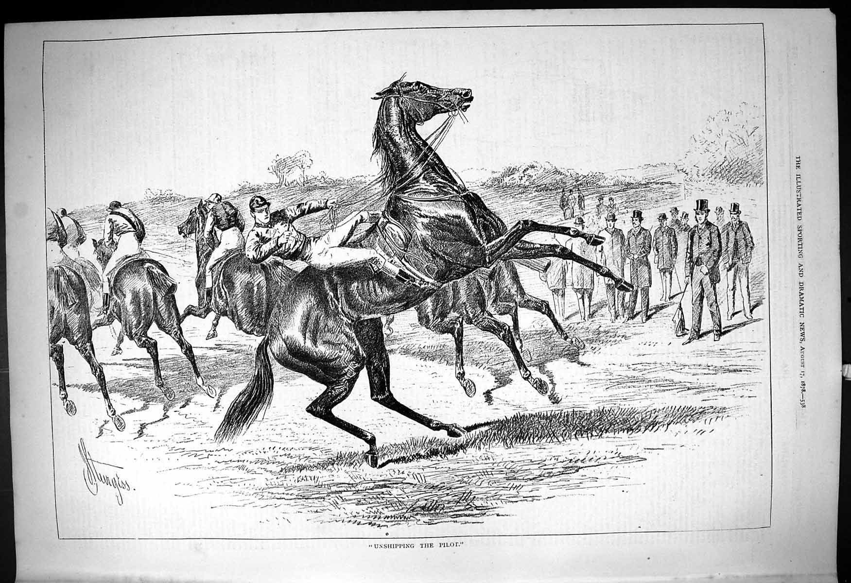 Old Print 1878 Unshipping The Pilot Sturgess Horses Racing Jockeys Sport 19th