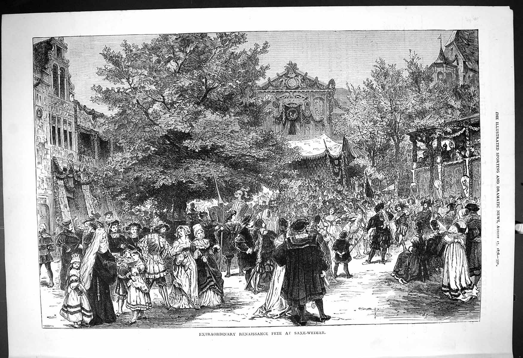 Antique Old Print 1878 Extraordinary Renaissance Saxe-Weimar Entertainment 19th