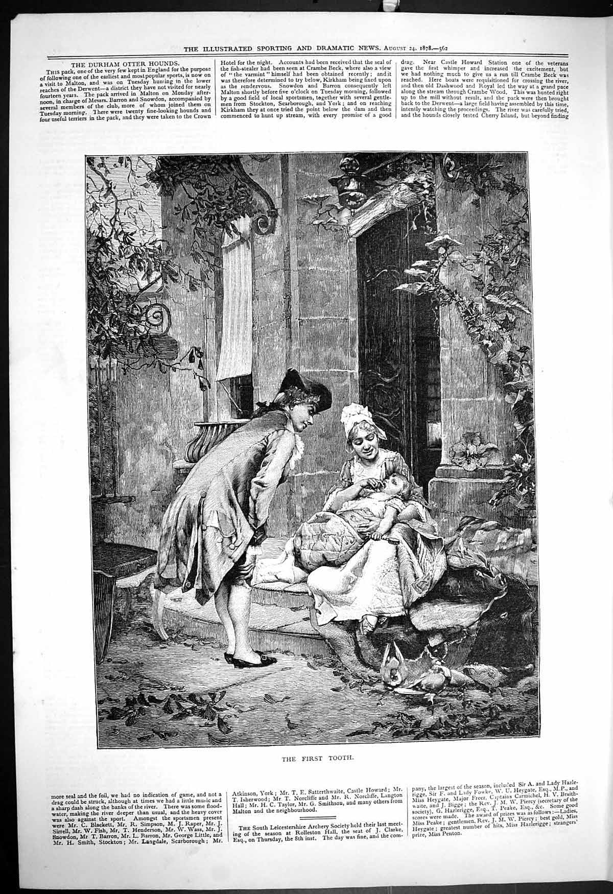 Original Old Antique Print 1878 First Tooth Mother Young Girl House Doorstep