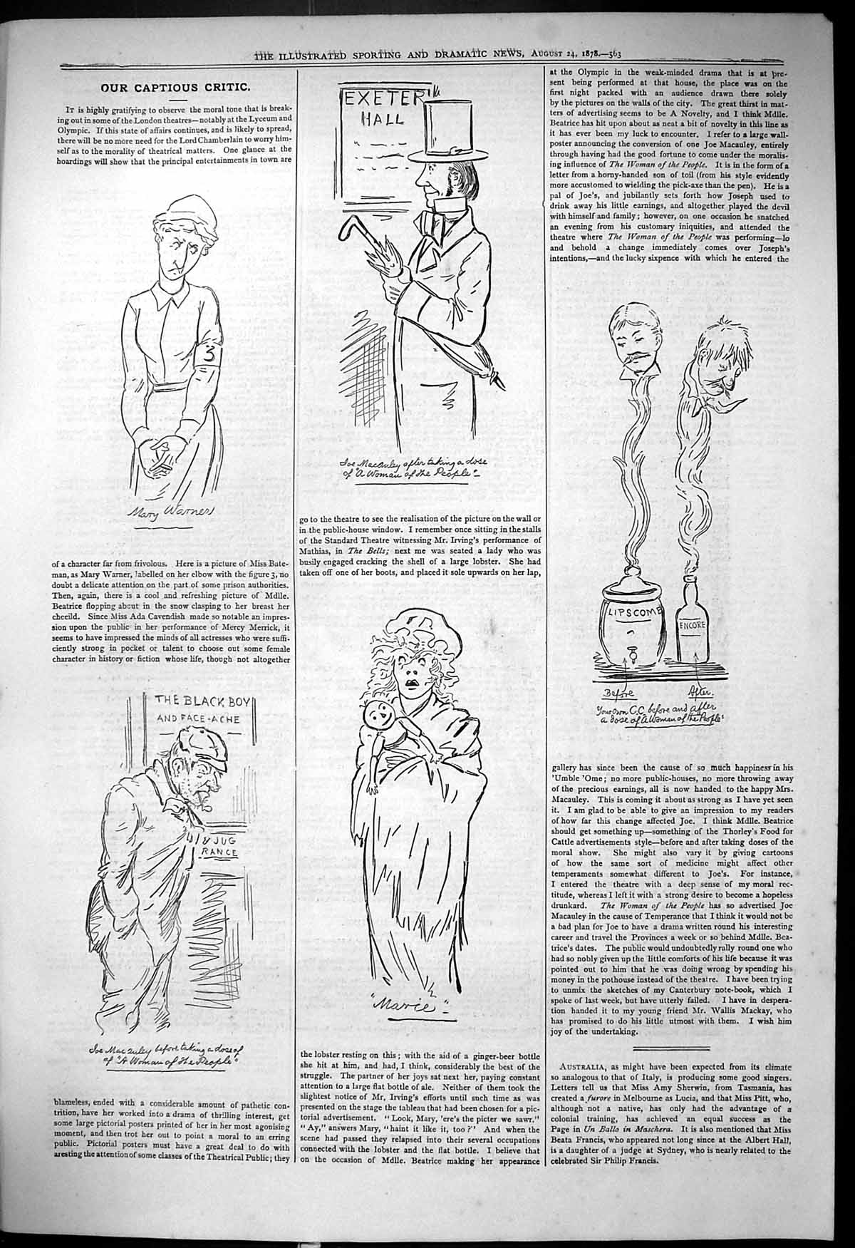 Antique Old Print Theatre Captious Critic Mary Warner Marie Exeter Hall 1878