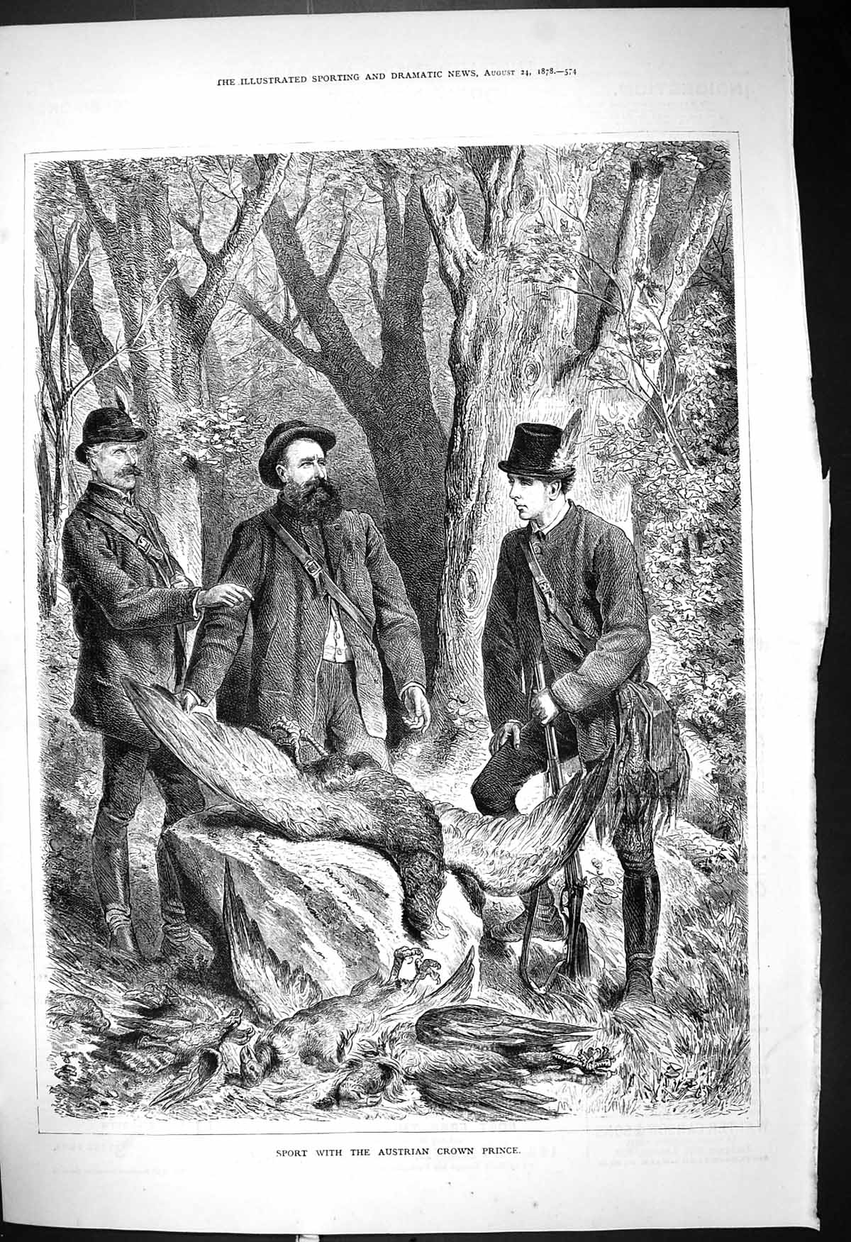 Original Old Antique Print 1878 Sport Austrian Crown Prince Hunting Game Birds
