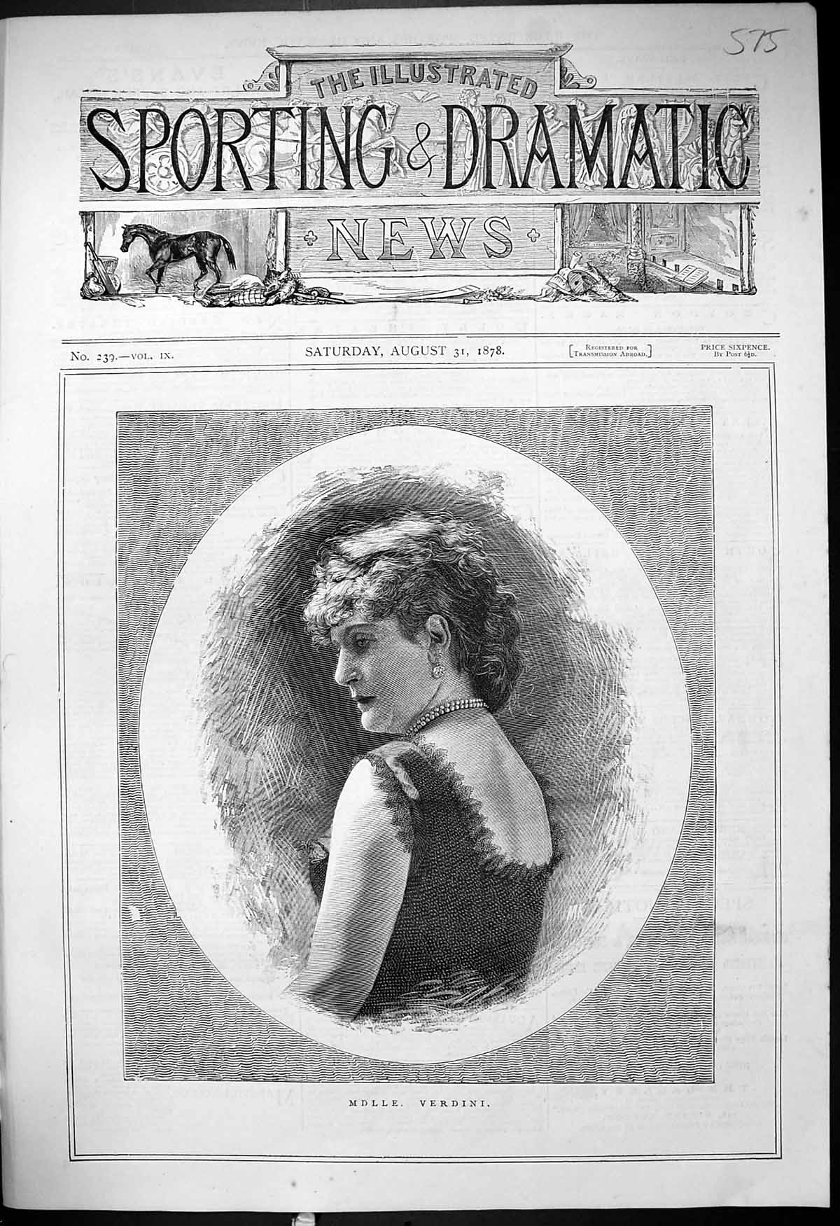 Original Old Antique Print Portrait Mdlle. Verdini Beautiful Woman 1878 19th