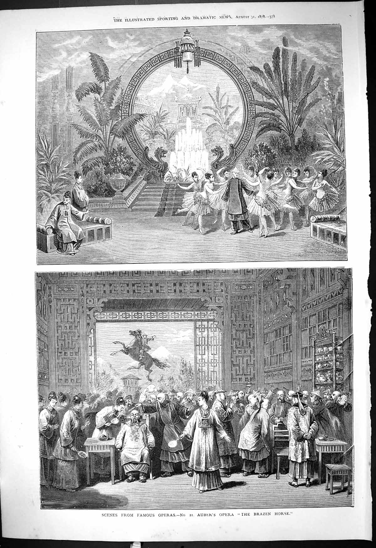 Old Antique Print 1878 Scene Opera Auber Brazen Horse Theatre Performance 19th