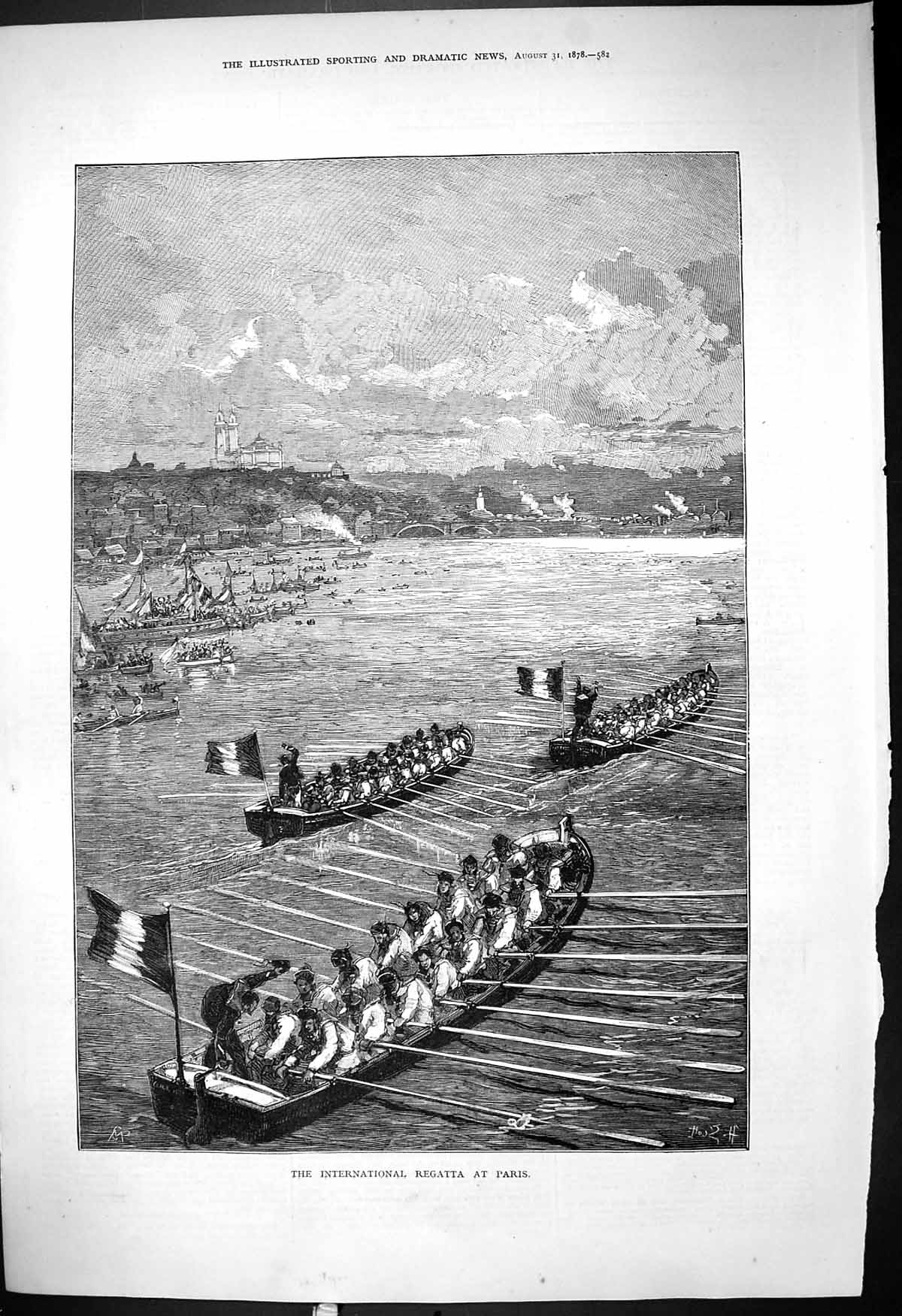 Original Old Antique Print 1878 International Regatta Boats Paris France 19th