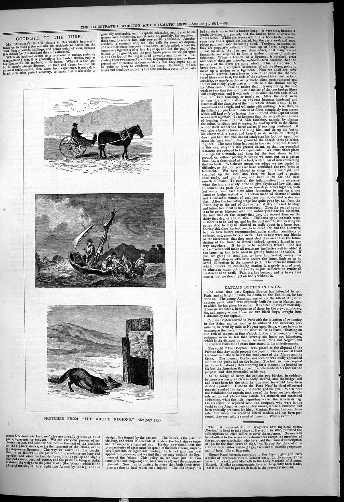 Antique Old Print 1878 Arctic Regions Sea Boat Sailing Snow Animal Horse Cart