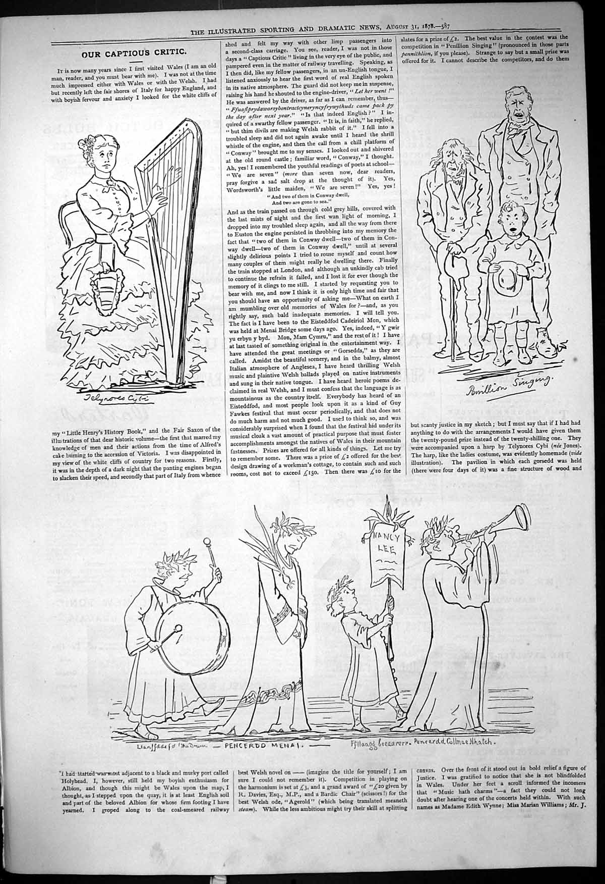 Antique Old Print Theatre Captious Critic Harp Music Singing Nancy Lee 1878