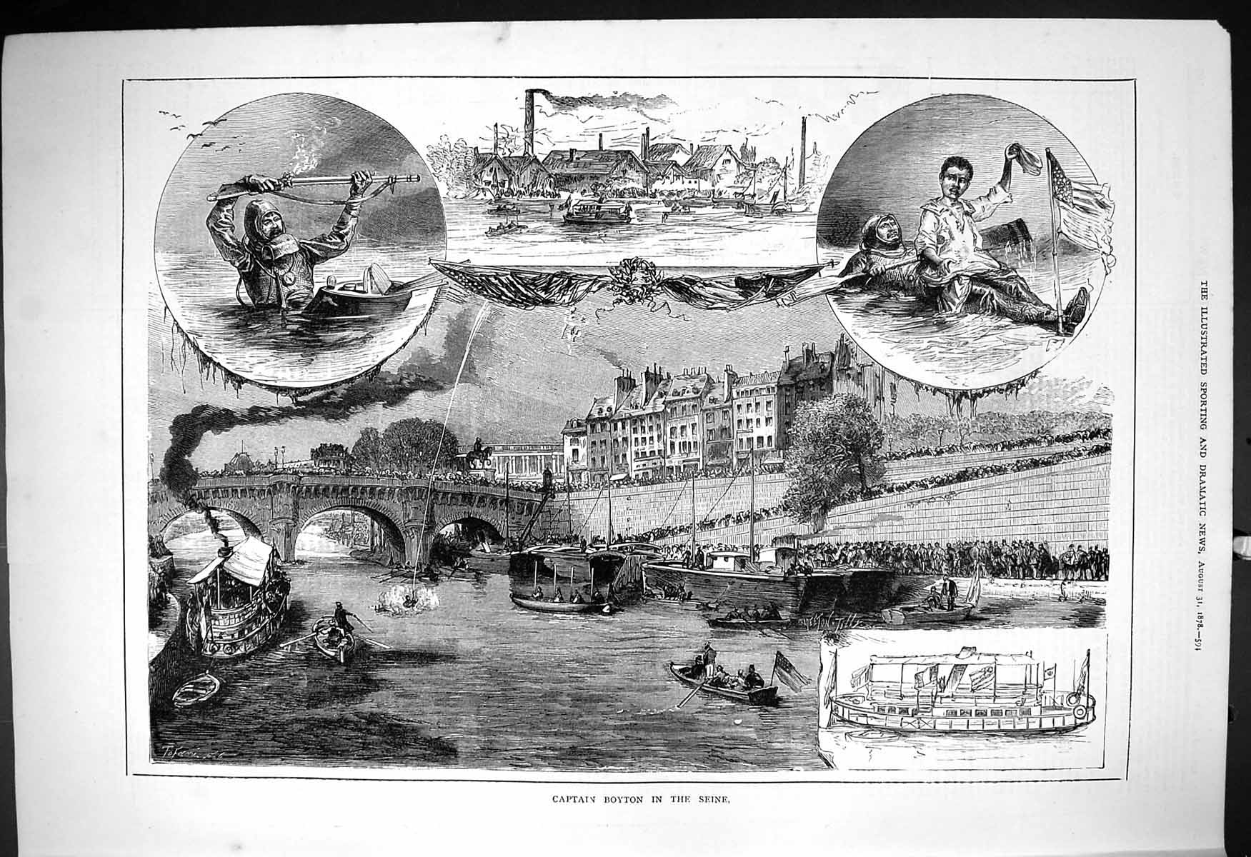 Old Antique Print Captain Boyton River Seine Swimming Diving France 1878 19th