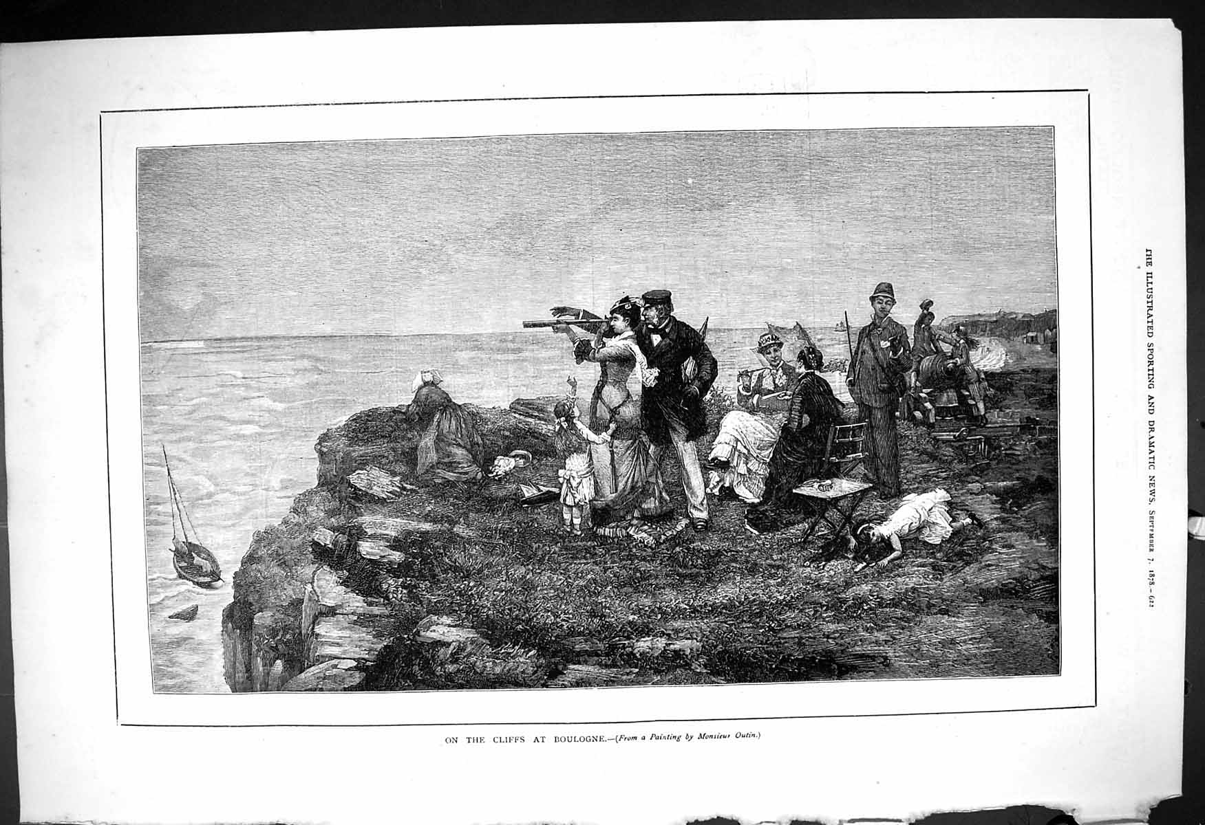 Antique Old Print 1878 Scene Cliffs Boulogne France Telescope Family Picnic