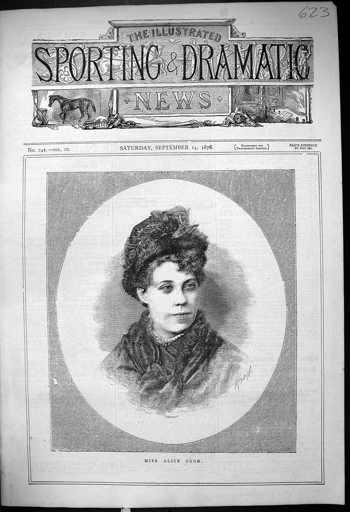 Original Old Antique Print Portrait Miss Alice Cook Beautiful Woman 1878 19th