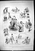 Antique Old Print Character Sketches Indian Race Course Elephant Horses 1878