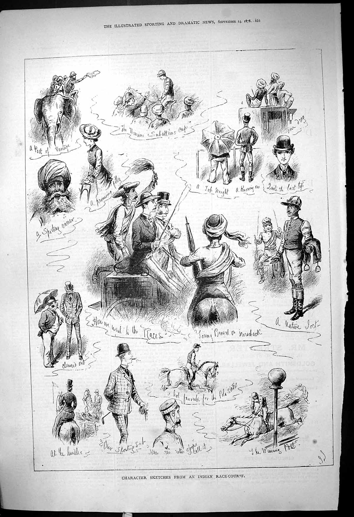Antique Old Print Character Sketches Indian Race Course Elephant Horses 1878
