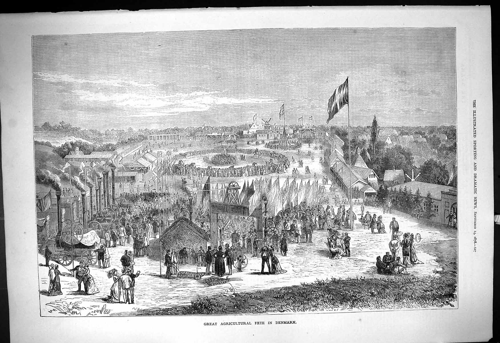 Antique Old Print 1878 View Great Agricultural Fete Denmark Machinery Animals
