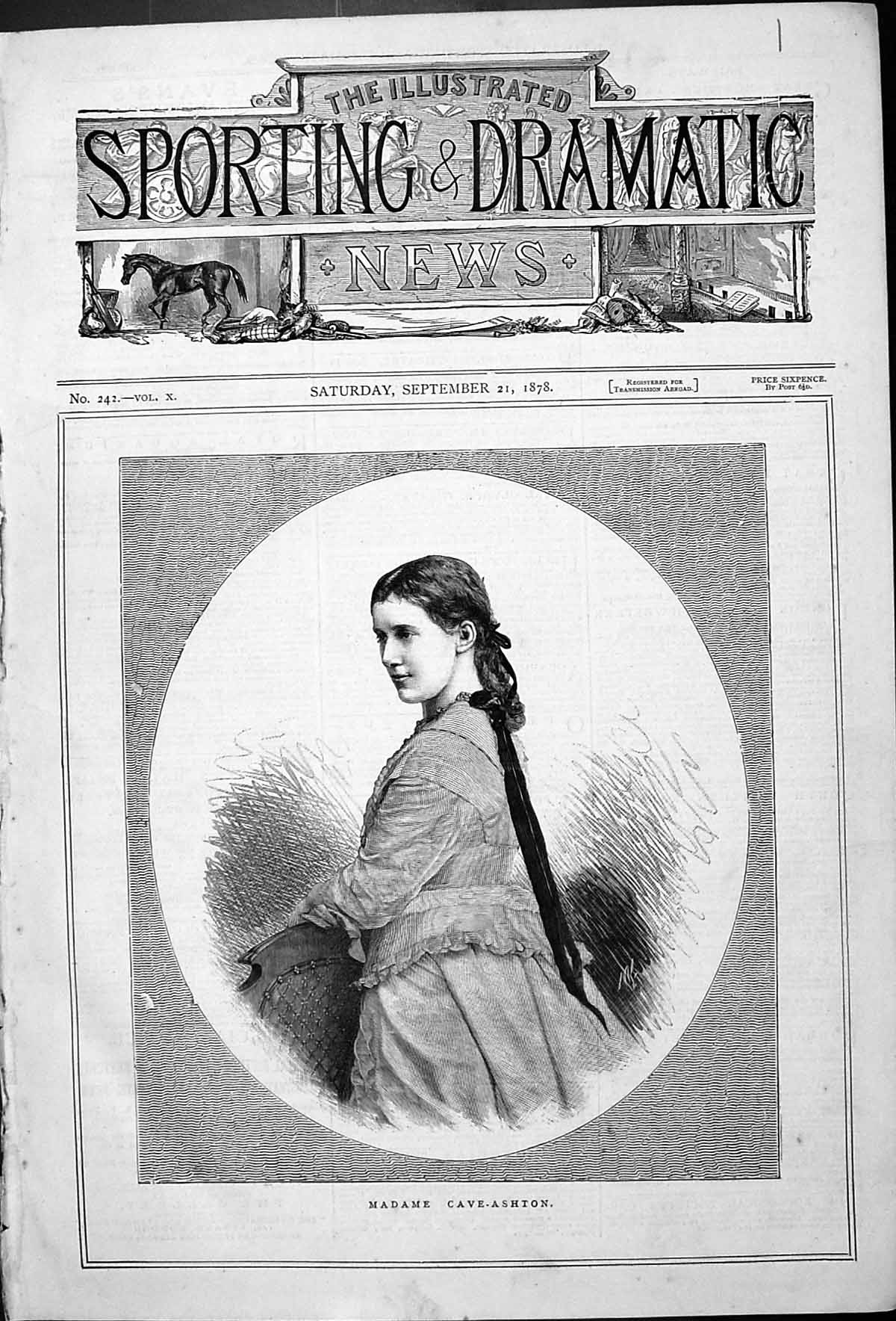 Original Old Antique Print Portrait Madame Cave-Ashton Beautiful Woman 1878
