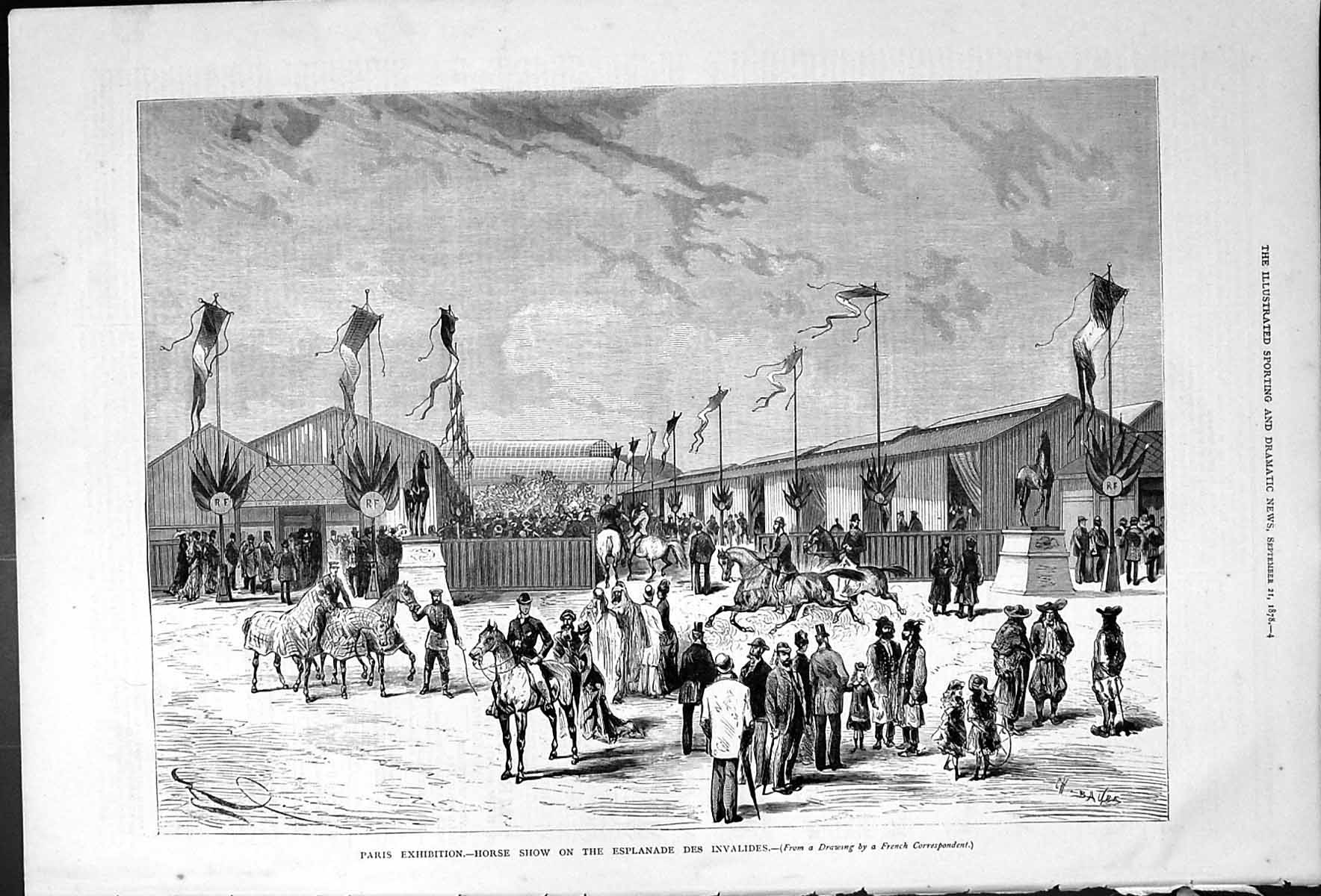 Antique Old Print Paris Exhibition Horse Show Esplanade Des Invalides 1878 19th